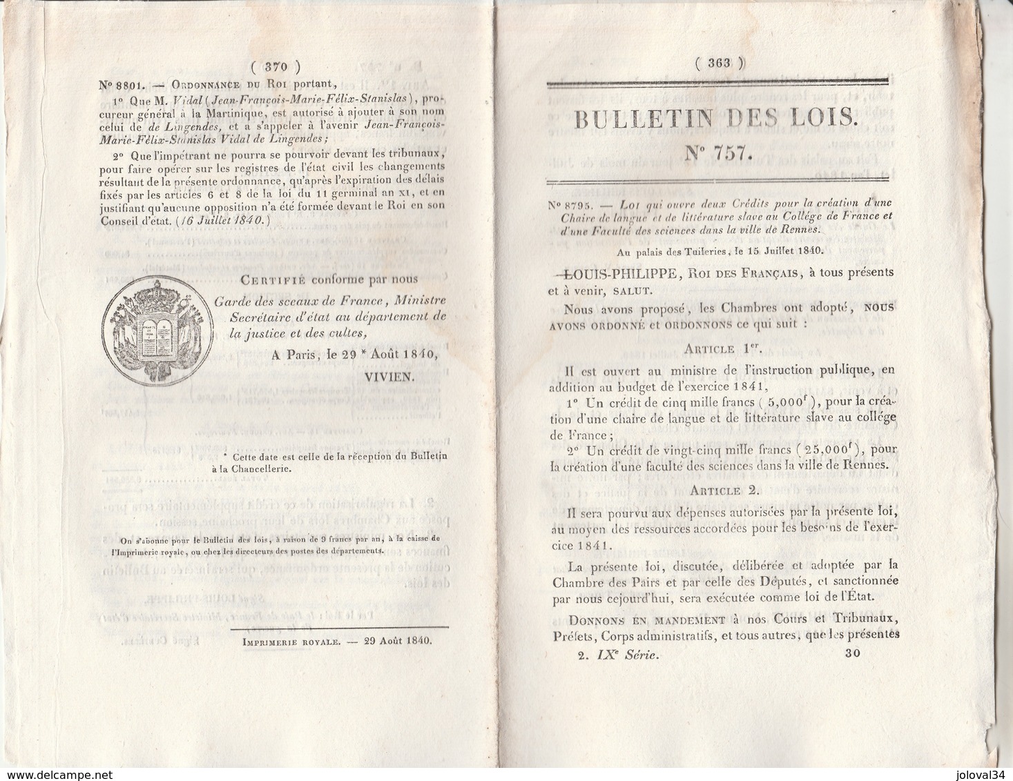 Bulletin Des Lois 757 De 1840 - Création Chaire Langue Et Littérature Slave Au Collège De France - Décrets & Lois