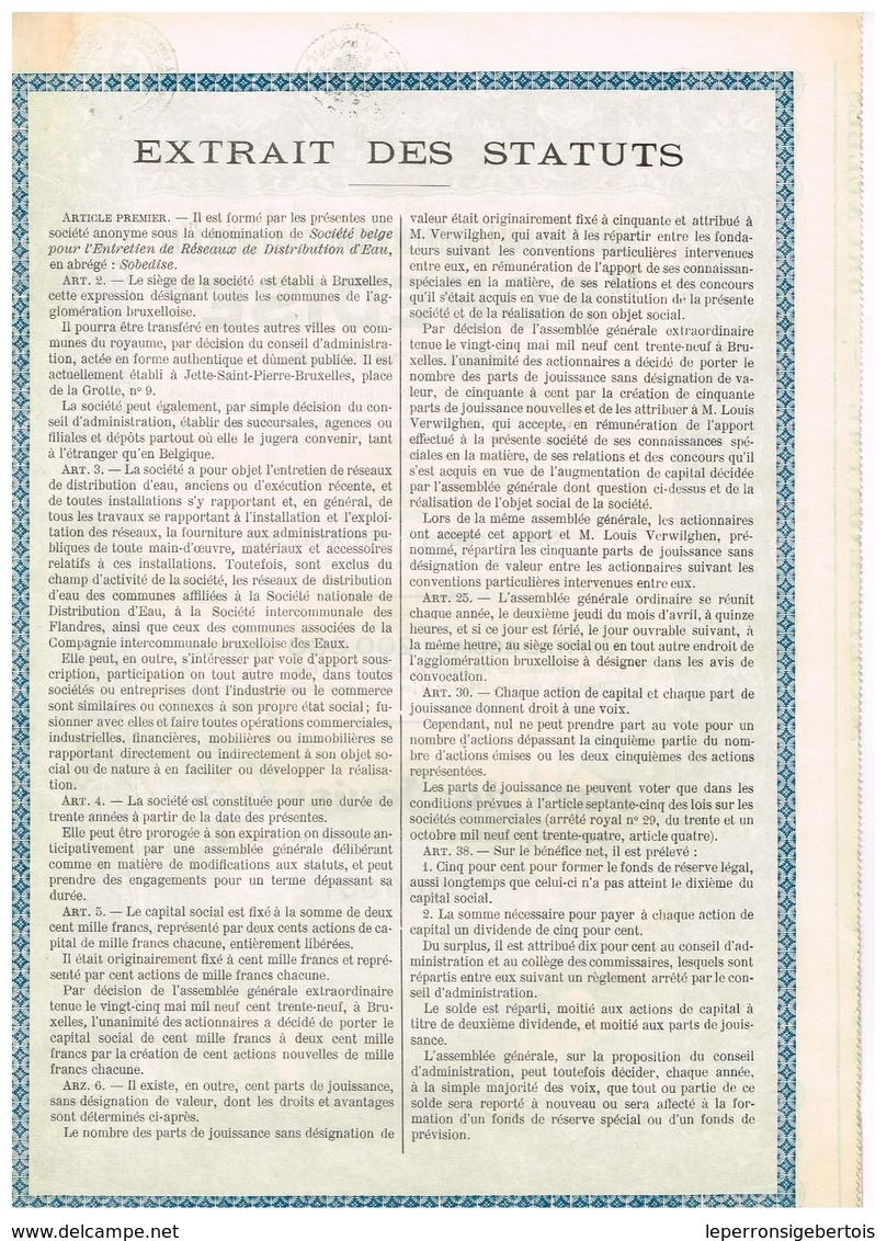 Titre Ancien - Sté Belge Pour L'Entretien De Réseaux De Distribution D'Eau "SODEBISE" - Titre De 1939 - N° 000083 - Eau