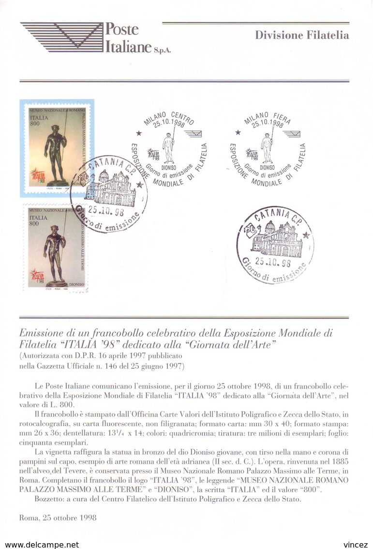 Italia 1998 - Giornata Dell'Arte. Bollettino 35 Con Francobollo E Annullo FDC - 1991-00: Usati