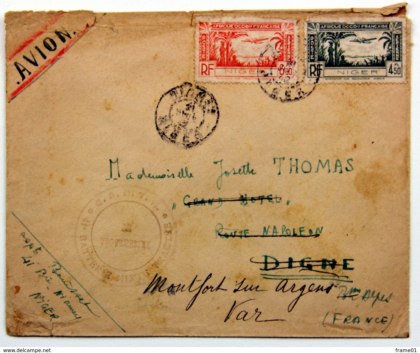 Enveloppe 1942 Niamey En FM Par Avion Pour Digne, Affr. 11f 40 Surtaxe Aérienne YT Pa 4, 5 /  41e Batterie Mixte Tractée - Storia Postale