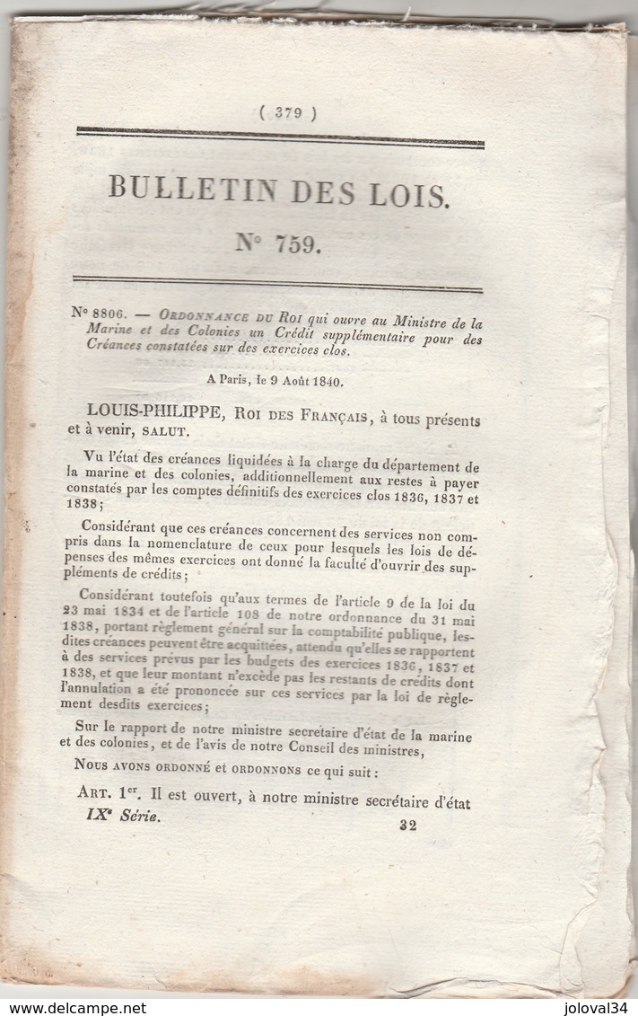 Bulletin Des Lois 759 De 1840 Régiment Artillerie, Infanterie De Marine - Décrets & Lois