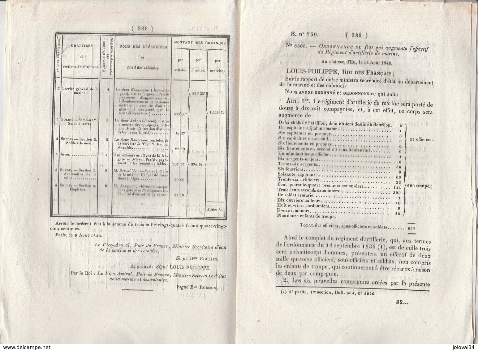 Bulletin Des Lois 759 De 1840 Régiment Artillerie, Infanterie De Marine - Décrets & Lois