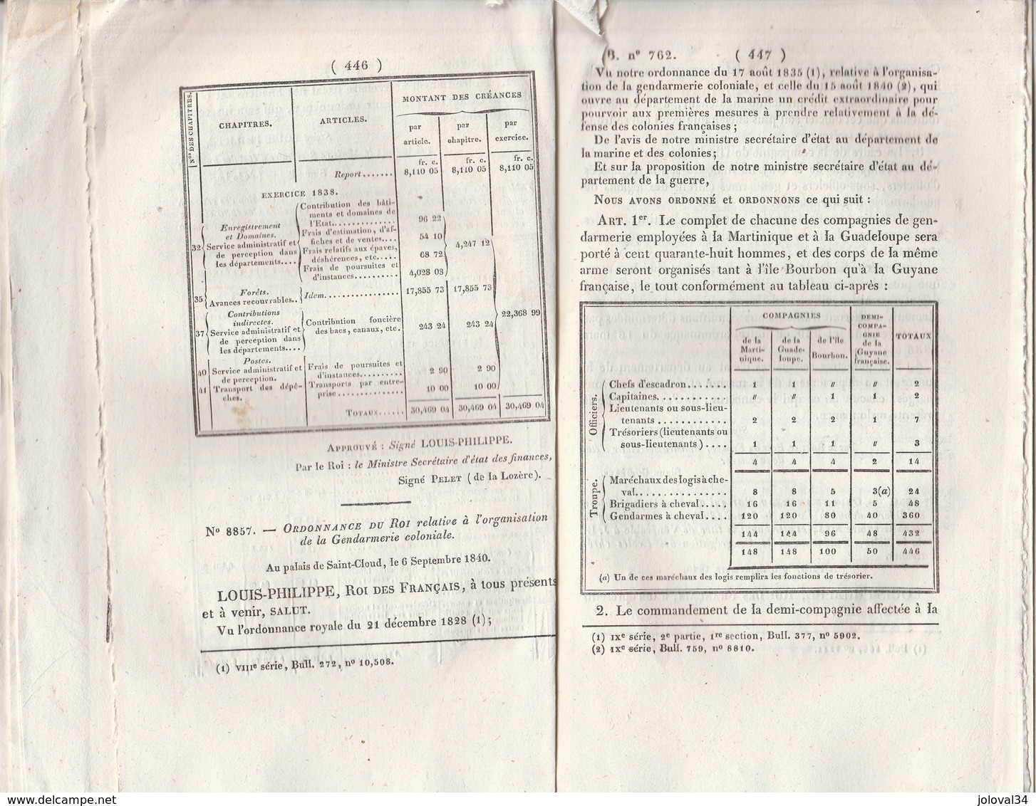 Bulletin Des Lois 762* De 1840 Correspondance France Sardaigne - Organisation De La Gendarmerie Coloniale - Décrets & Lois