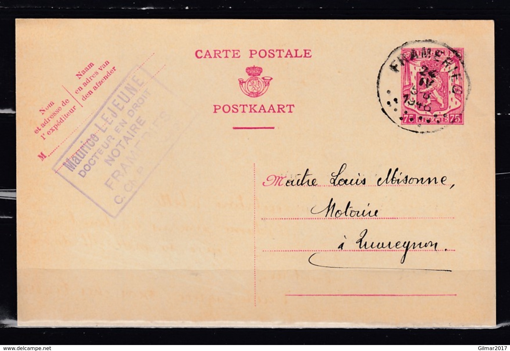 Postkaart Van Frameries Naar Quaregnon - 1935-1949 Petit Sceau De L'Etat