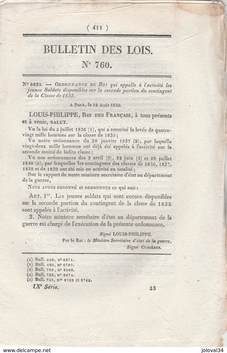 Bulletin Des Lois 760 De 1840 Appel à Activités Jeunes Soldats 2 ème Portion Classe 1835 Et Classe 1834 - Décrets & Lois