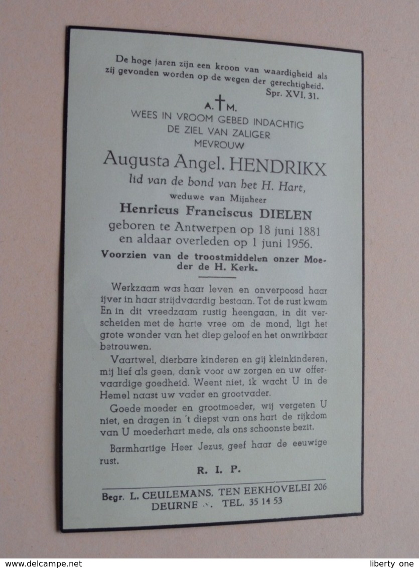 DP > Augusta HENDRIKX ( Henricus DIELEN ) Antwerpen 18 Juni 1881 - 1 Juni 1956 ! - Décès