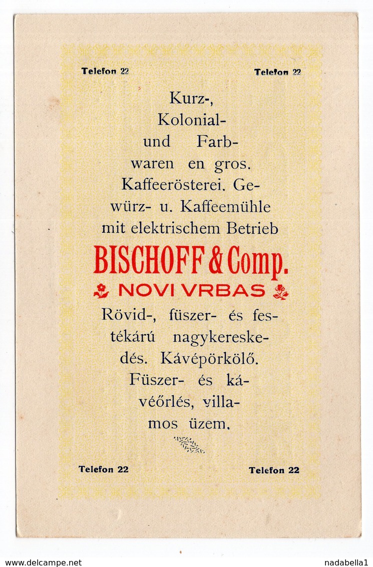 1930s  YUGOSLAVIA, NOVI VRBAS, ADVERTISEMENT CARD, BISCHOFF AND CO, BIŠOF I DRUG - Advertising