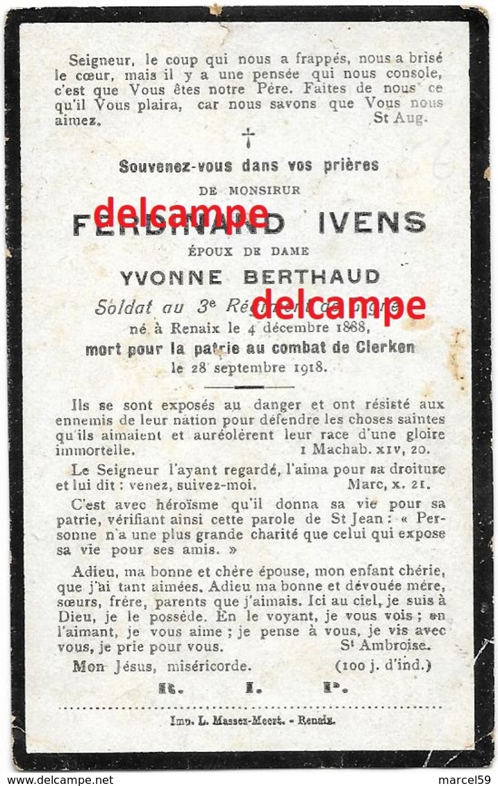 Oorlog Guerre Ferdinand Ivens Ronse Soldaat Gesneuveld Te Clerken September 1918 Diksmuide Klerken Renaix - Santini