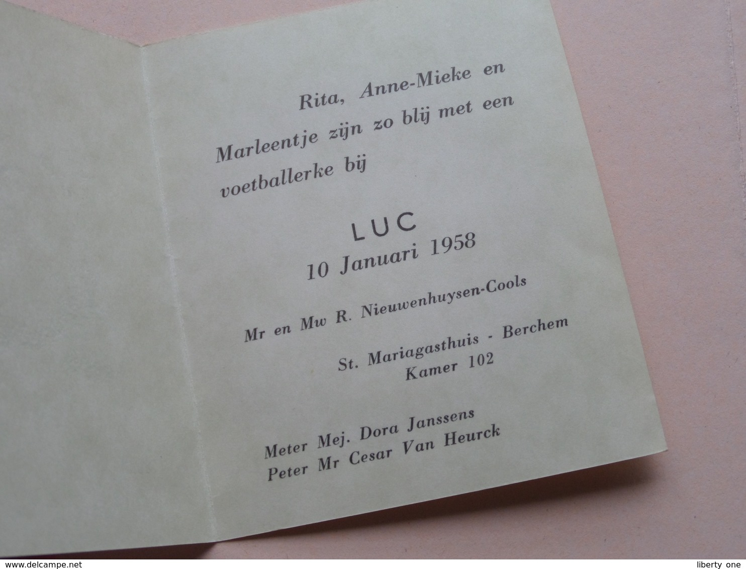 LUC 10 Januari 1958 " Voetballerke " Bij Van Nieuwenhuysen-Cools Te BERCHEM ! - Naissance & Baptême