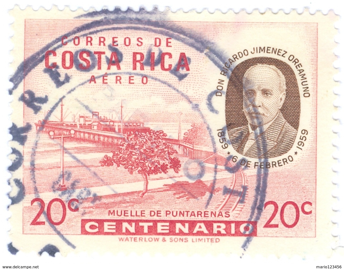COSTA RICA, POSTA AEREA, AIRMAIL, PRESIDENTE JIMENEZ, 1959, 20 C., FRANCOBOLLO USATO Mi:CR 543, Scott:CR C277, Sg:CR 570 - Costa Rica