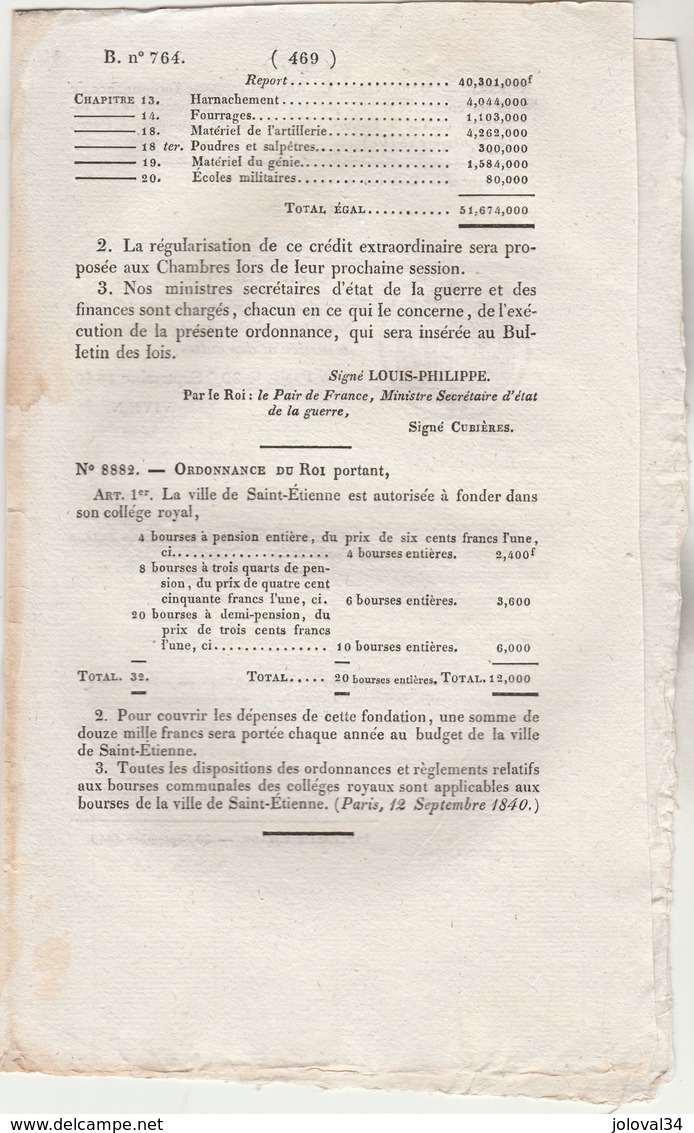Bulletin Des Lois 764 De 1840 Création Faculté Des Sciences à Rennes, Fondation Collège Royal à St Etienne - Décrets & Lois
