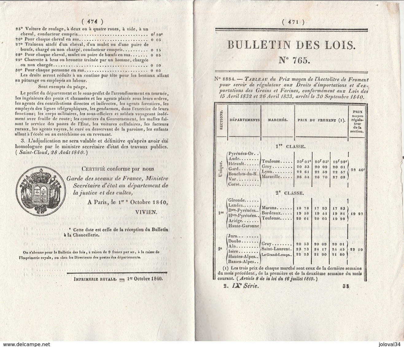 Bulletin Des Lois 765 De 1840 Prix Froment - Pont Sur La Loire à Montjean Maine Et Loire Avec Tarifs Péage - Decrees & Laws