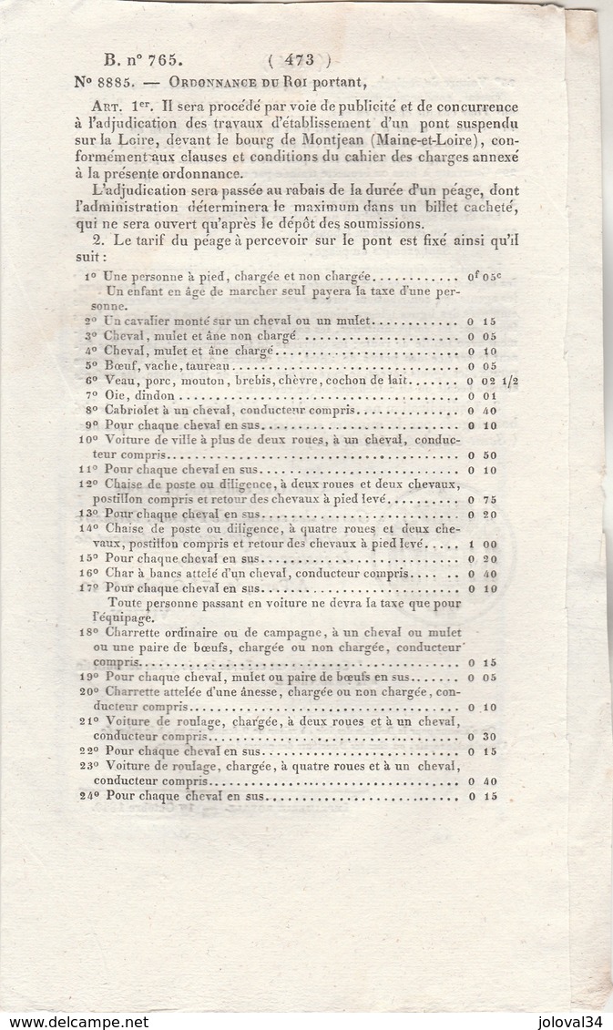 Bulletin Des Lois 765 De 1840 Prix Froment - Pont Sur La Loire à Montjean Maine Et Loire Avec Tarifs Péage - Decrees & Laws