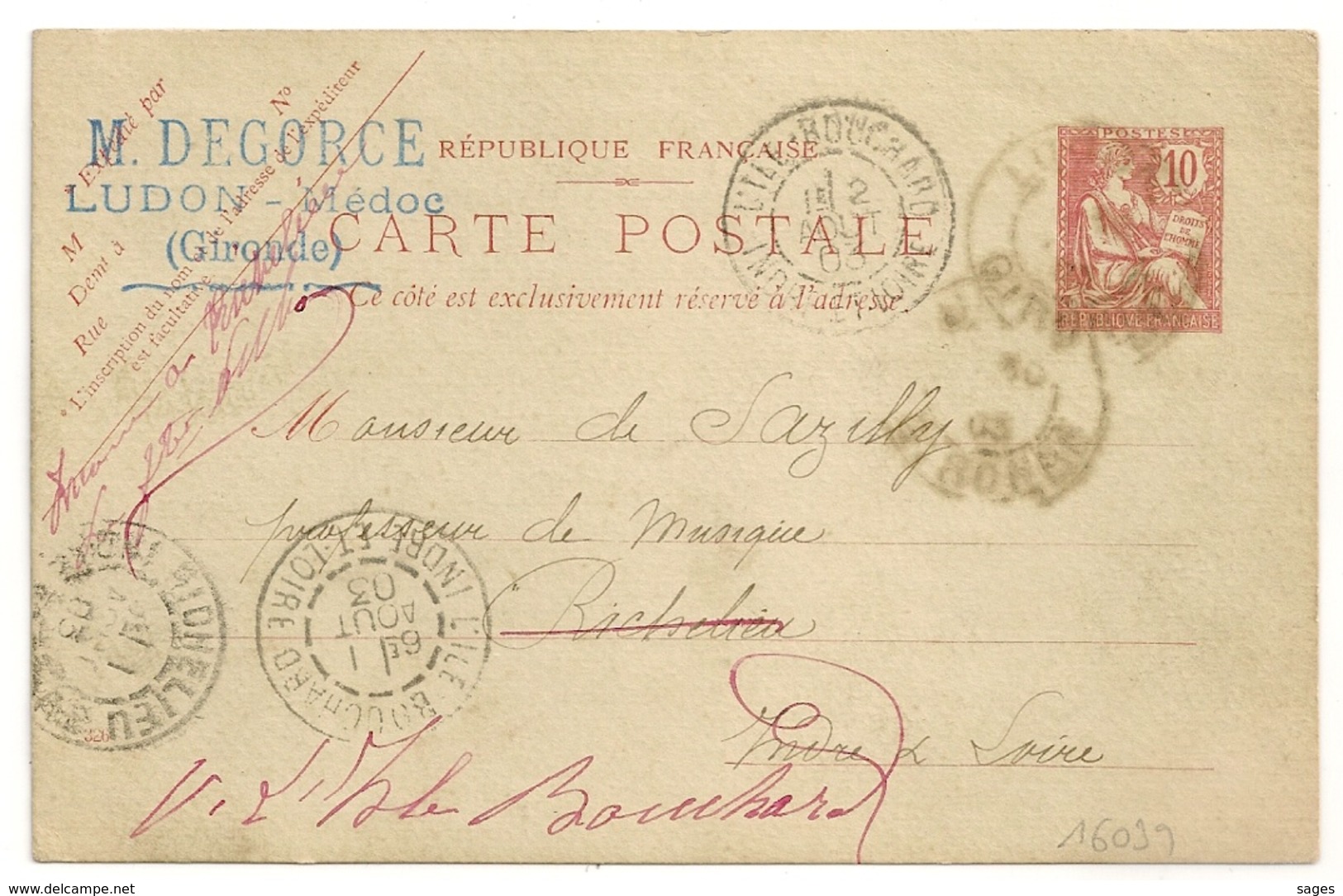 LUDON Gironde Sur Entier MOUCHON Pour RICHELIEU Puis L'ILE BOUCHARD Indre Et Loire. - 1877-1920: Période Semi Moderne