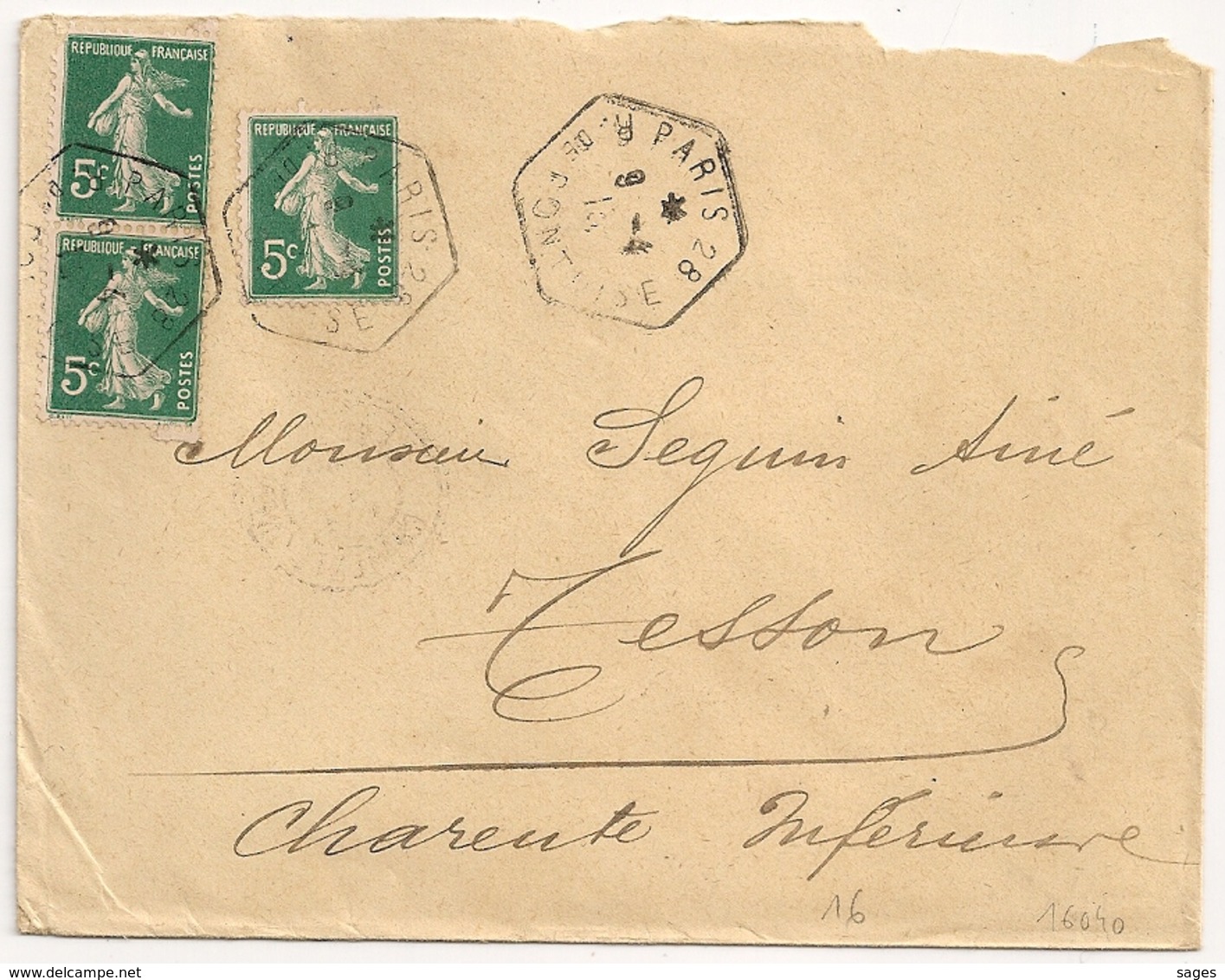 Heagonal PARIS 28 R. DE PONTOISE Sur SEMEUSE Pour Tesson. - 1877-1920: Période Semi Moderne