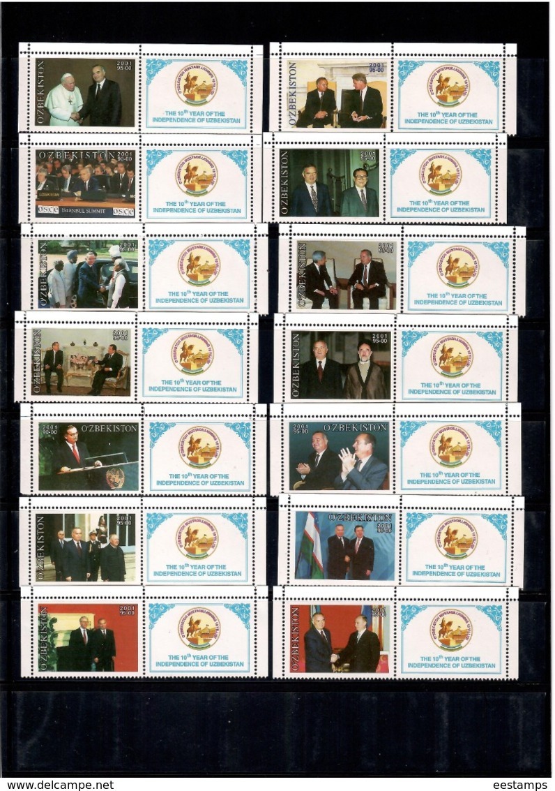 Uzbekistan 2001.Independence(Polit.,Clinton,Putin,Akihito,Jiang Zemin,Chirac,Chatami,Mubarak,Johannes Paul II) 324-37 - Uzbekistan