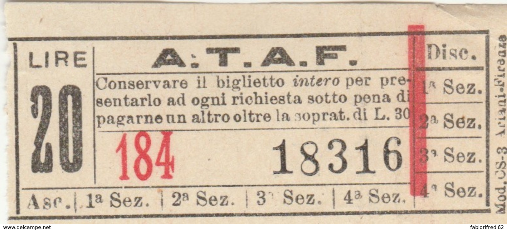 BIGLIETTO BUS ATAF FIRENZE LIRE 20 (BY58 - Europa