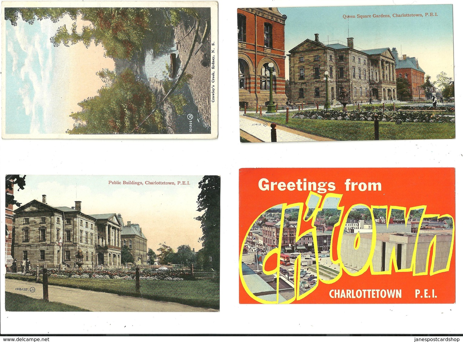 FOUR POSTCARDS PUBLIC BUILDINGS QUEENS SQUARE GARDENS And GREETINGS FROM CHARLOTTETOWN P.E.I. - CRAWLEY'S CREEK SYDNEY - Charlottetown