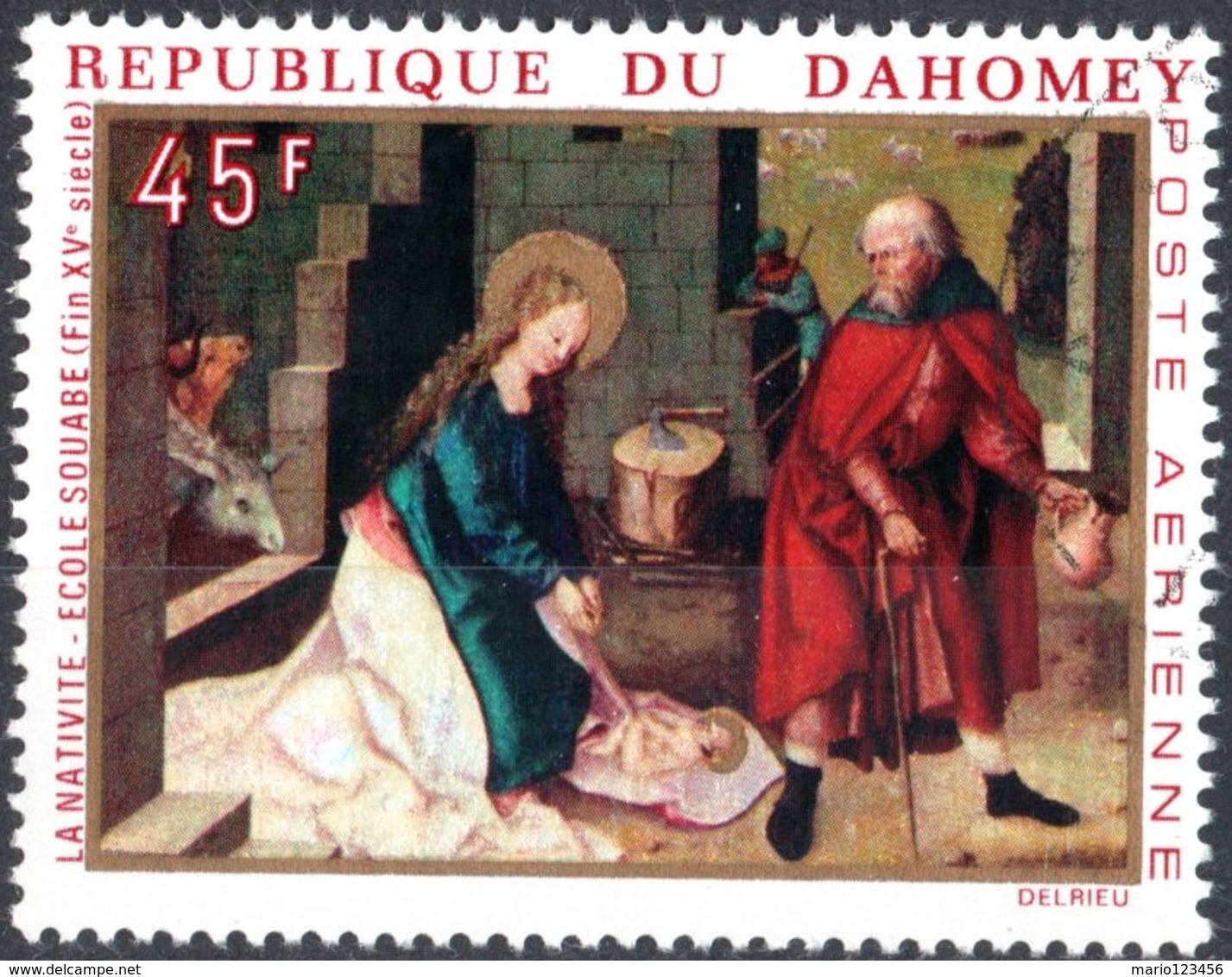 DAHOMEY, POSTA AEREA, AIRMAIL, NATALE, CHRISTMAS, 1969, 45 F., FRANCOBOLLO USATO, Mi:DY 400, Scott:DY C110, Yt:DY PA113 - Benin – Dahomey (1960-...)