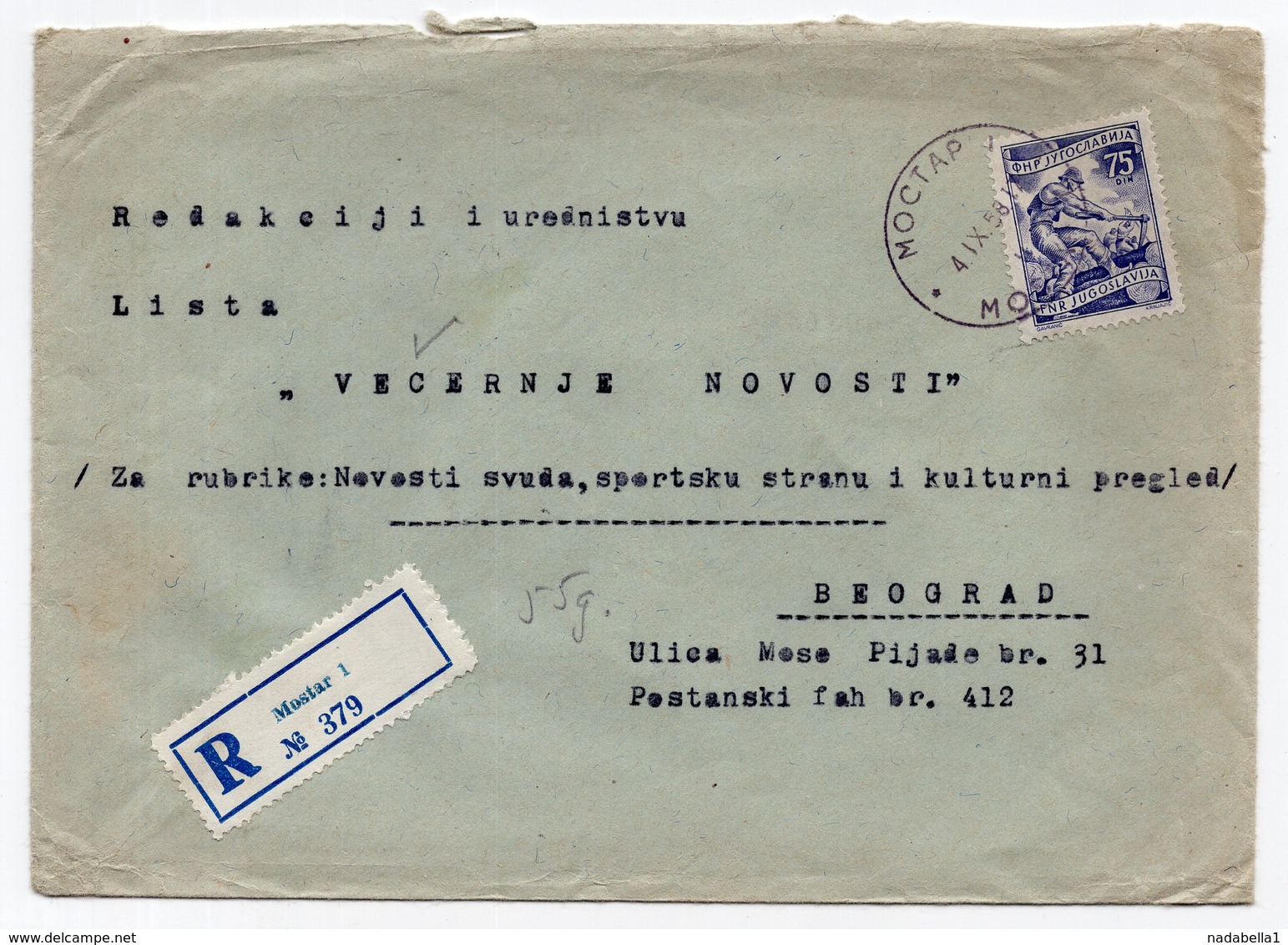 1958 YUGOSLAVIA, BOSNIA, MOSTAR TO BELGRADE, 75 DINARA, REGISTERED COVER - Covers & Documents