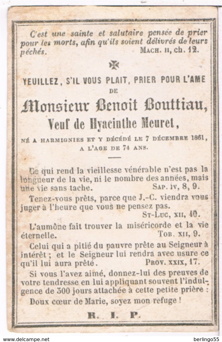 Priez Pour. Bouttiau Benoit. Veuf. Meuret Hyacinte. ° Harmignies 1787 &dagger; Harmignies 1861  (2 Scan's) - Religion &  Esoterik