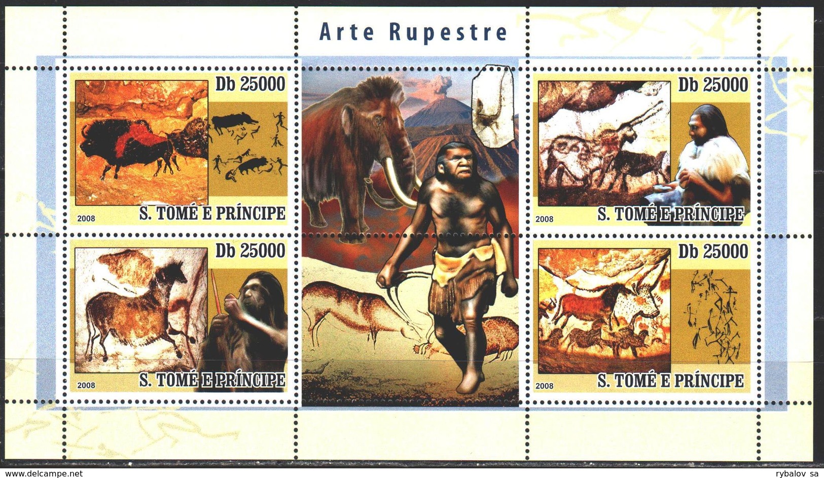 Sao Tome And Principe. 2008. Small Sheet 3562-65. Ancient People, Rock Painting, Mammoth. MNH. - São Tomé Und Príncipe