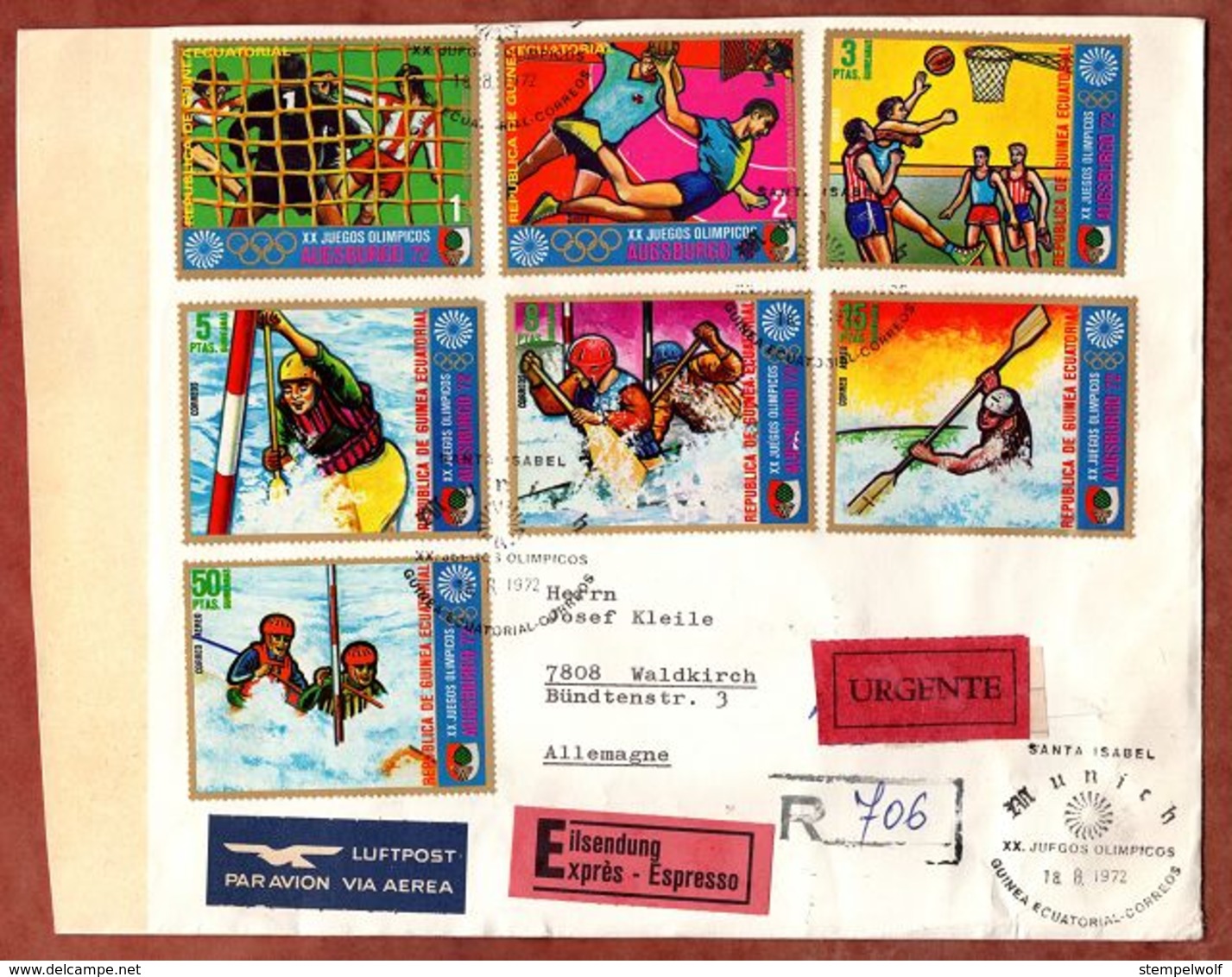 Luftpost, Expres, Einschreiben Reco, Satzbrief Olympiade Augsburg, SoSt Santa Isabel Malabo, Nach Waldkirch 1972 (89919) - Äquatorial-Guinea