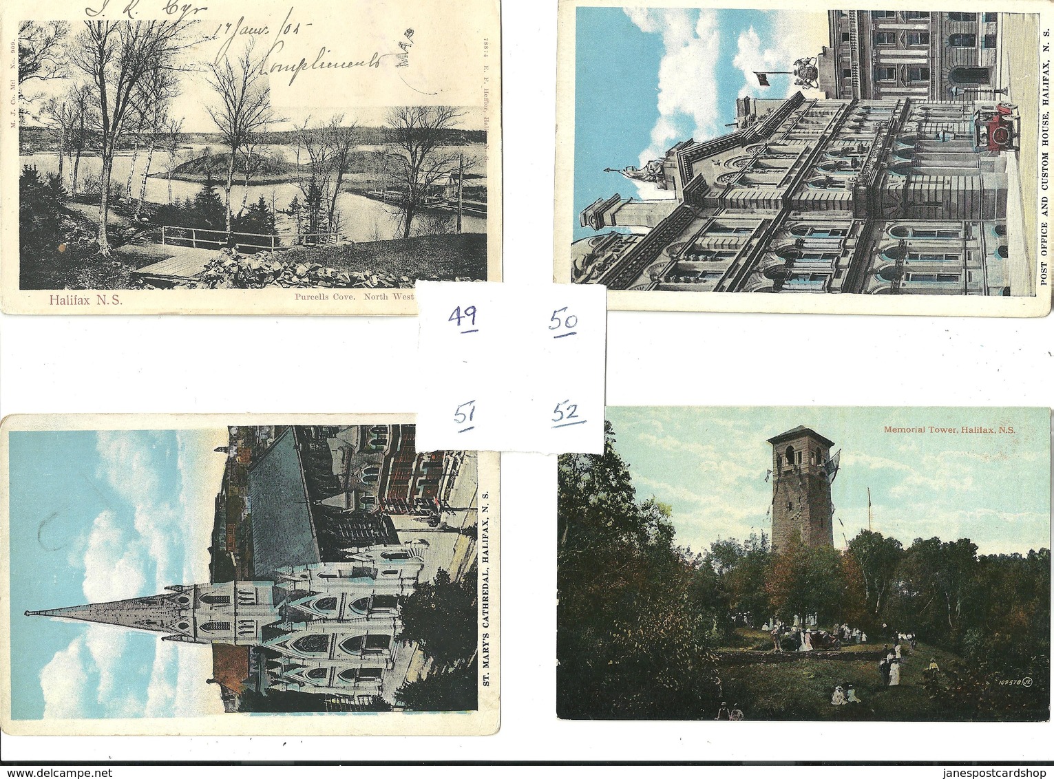 4 POSTCARDS, Purcells Cove, North West Arm, Post Office, St. Mary's Cathedral, Memorial Tower, Halifax, NOVA SCOTIA - Halifax