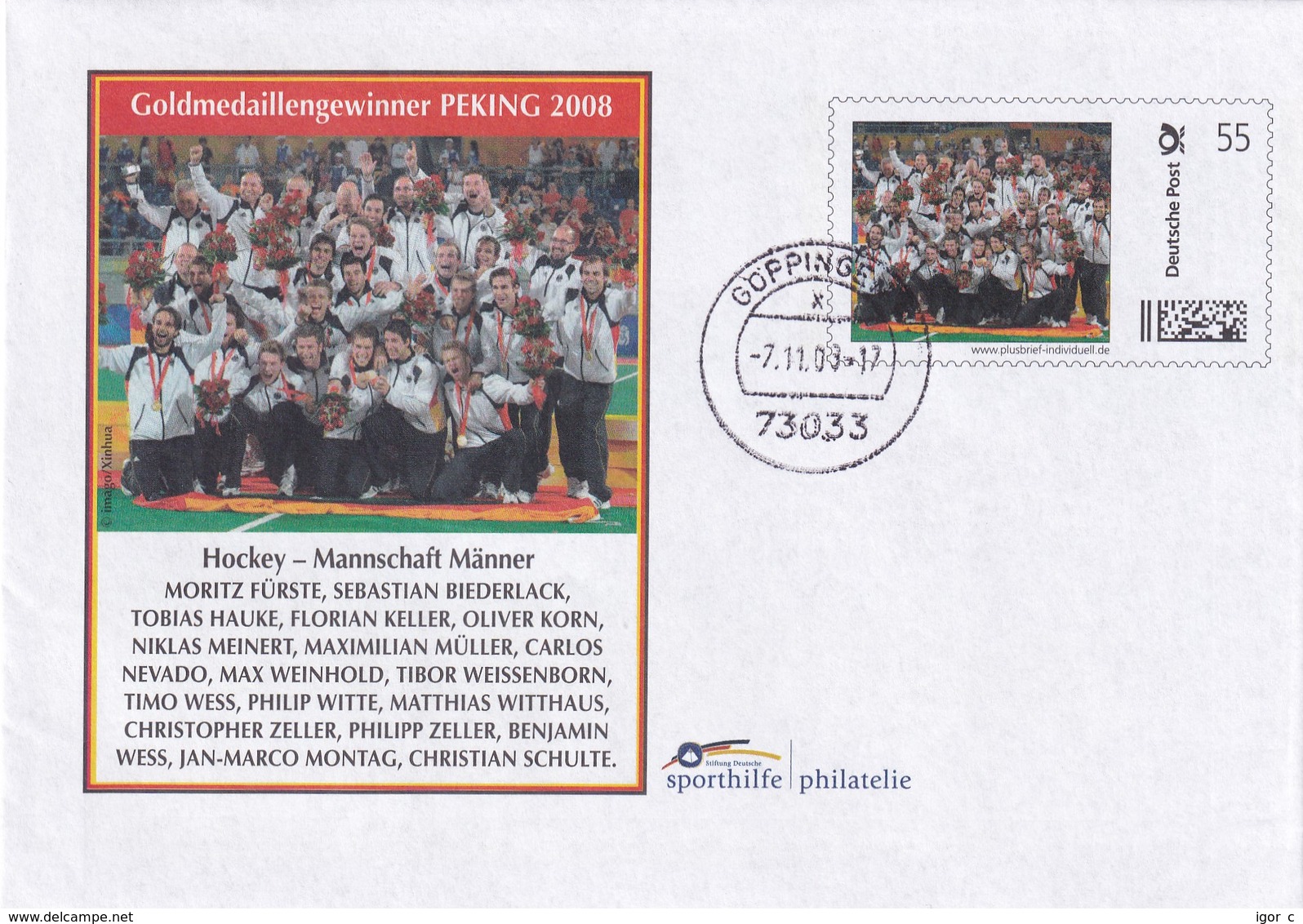 Germany 2008 Postal Stationery Cover: Olympic Games Beijing; Hockey Gold Medal - Summer 2008: Beijing