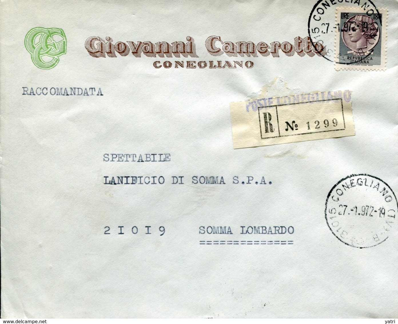 Italia (1972) - Raccomandata Da Conegliano (TV) - 1971-80: Storia Postale