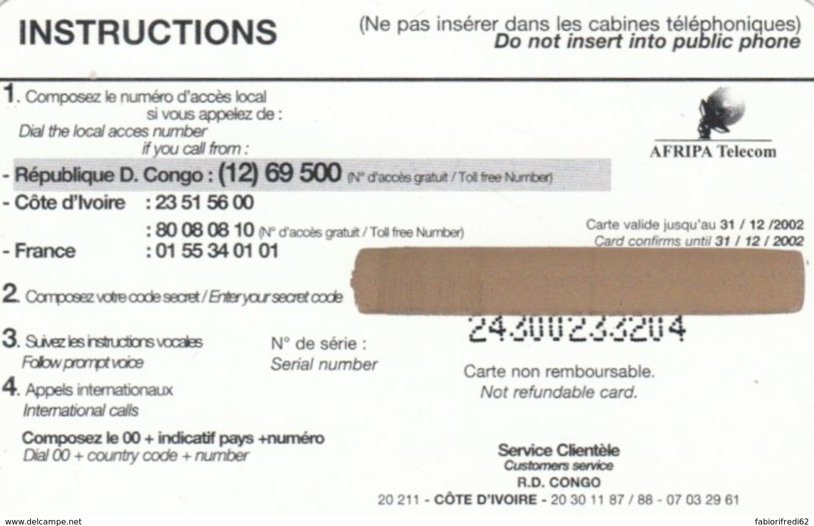 PREPAID PHONE CARD CONGO (PY240 - Congo