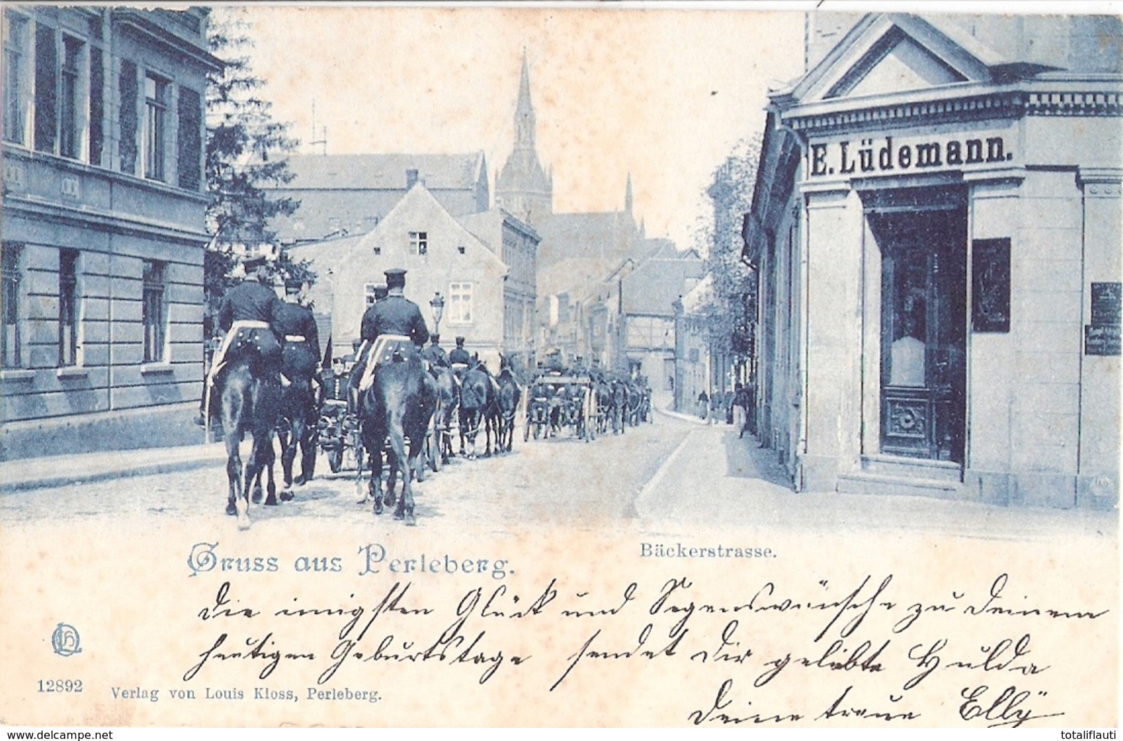 PERLEBERG Bäckerstrasse Geschäft E Lüdemann Kavallerie Blaudruck 1906 - Perleberg
