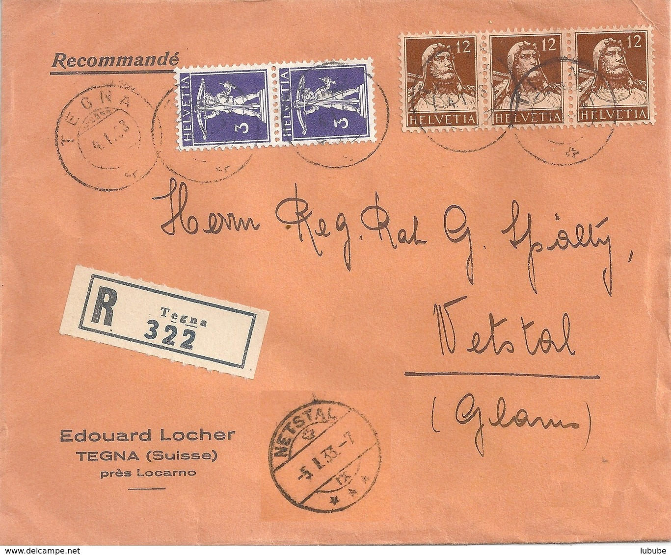 R Brief  "Locher, Tegna" - Netstal        1933 - Gebruikt