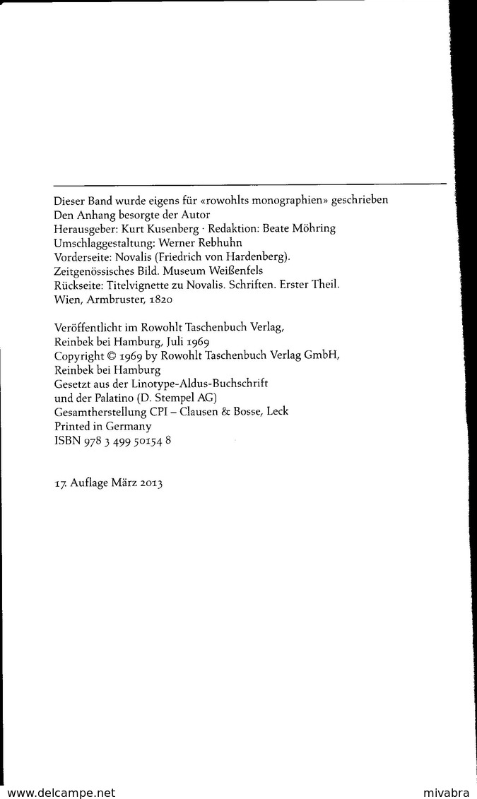NOVALIS ( FRIEDRICH VON HARDENBERG ) ROWOHLT MONOGRAPHIE - GERHARD SCHULZ - Biographies & Mémoirs