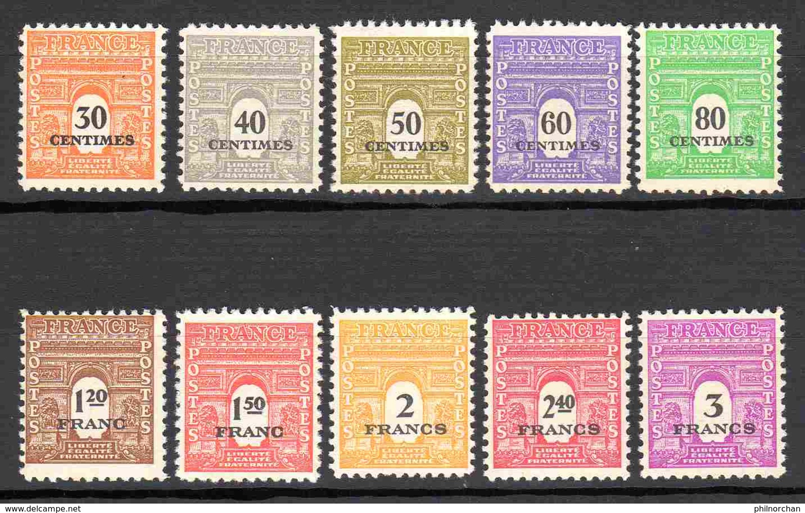 France 1945 "Arc De Triomphe" N°702 à 711 Série Complète Neuve** Ex. N°1   TB  0,30 €  (cote 1,50 € 10 Valeurs) - 1944-45 Arc Of Triomphe