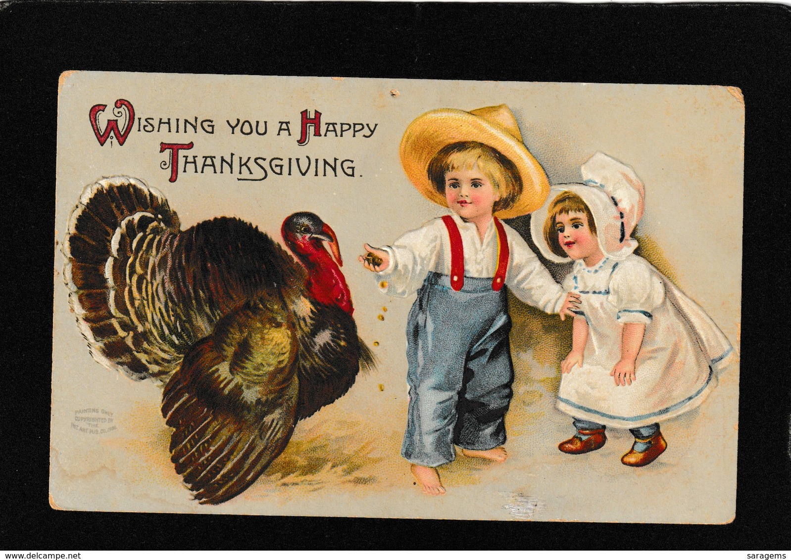 Ellen Clapsaddle - Cute Boy And Girl Feeding A Turkey - Antique Postcard - Clapsaddle