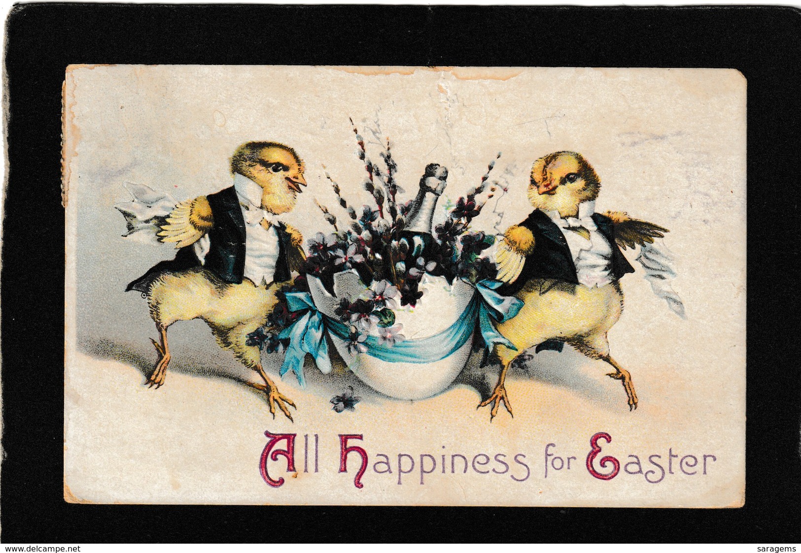 Ellen Clapsaddle - 2 Dressed Chicks "All Happiness For Easter"1913 - Antique Postcard - Clapsaddle