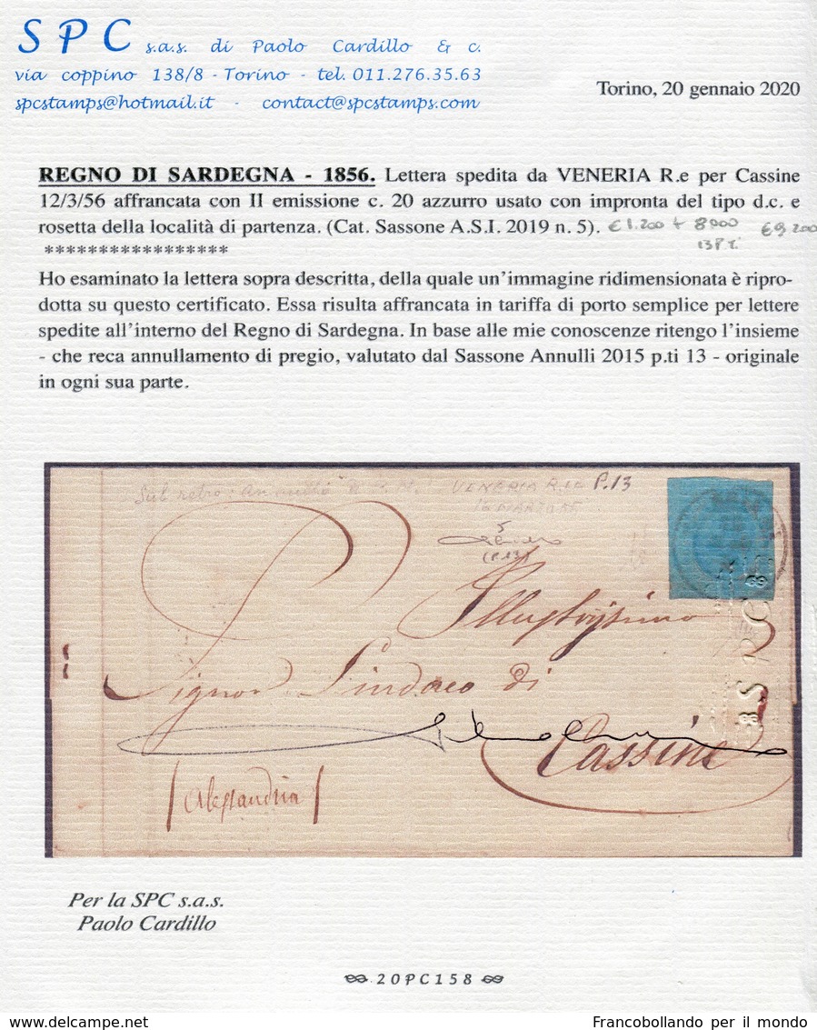 ANTICHI STATI  SARDEGNA 1853 20 C Isolato  II Emiss. Sass 5 CV 9.500 € Certificato  Cardillo - Sardaigne