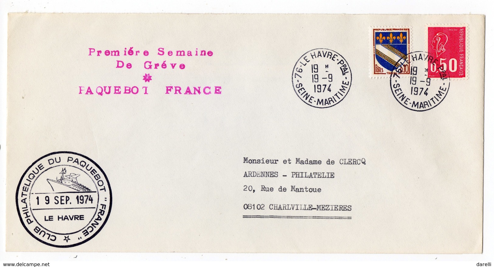 Paquebot FRANCE - Première Semaine De Gréve Du 19 Septembre 1974 - Paquebot "France" Posted At Sea - 1961-....
