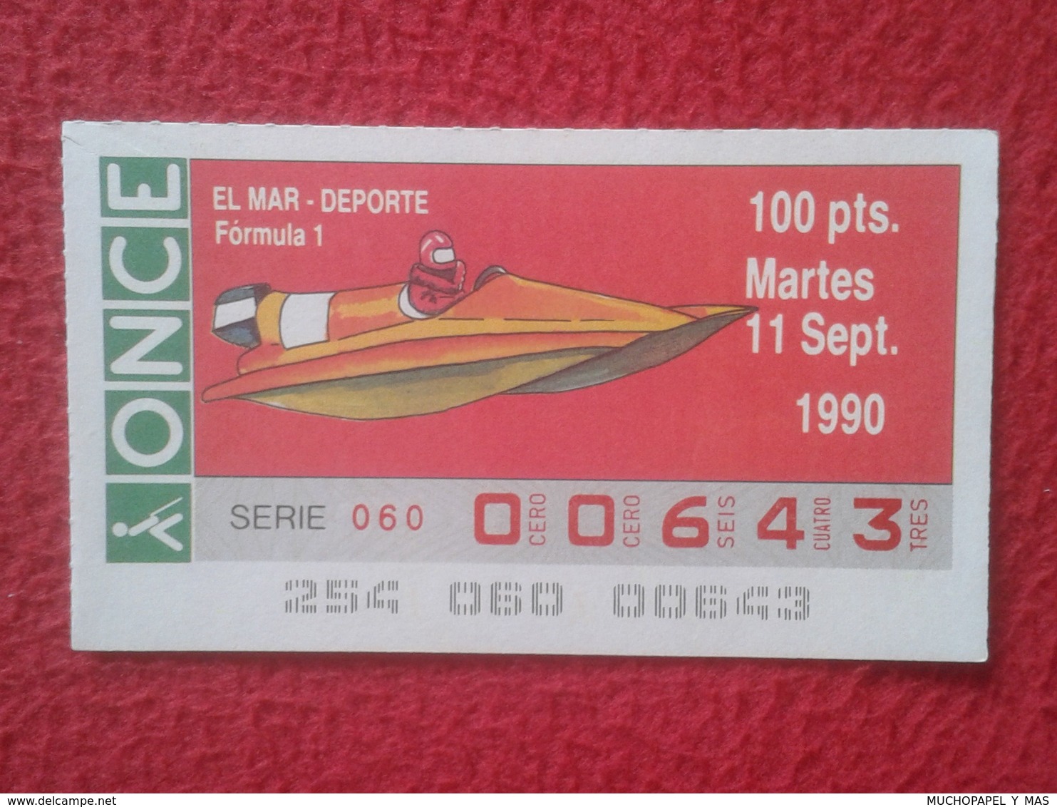 CUPÓN DE ONCE SPANISH LOTERY CIEGOS SPAIN LOTERÍA ESPAÑA BLIND 1990 EL MAR THE SEA LA MER SPORT DEPORTE FÓRMULA 1 F1 VER - Billetes De Lotería