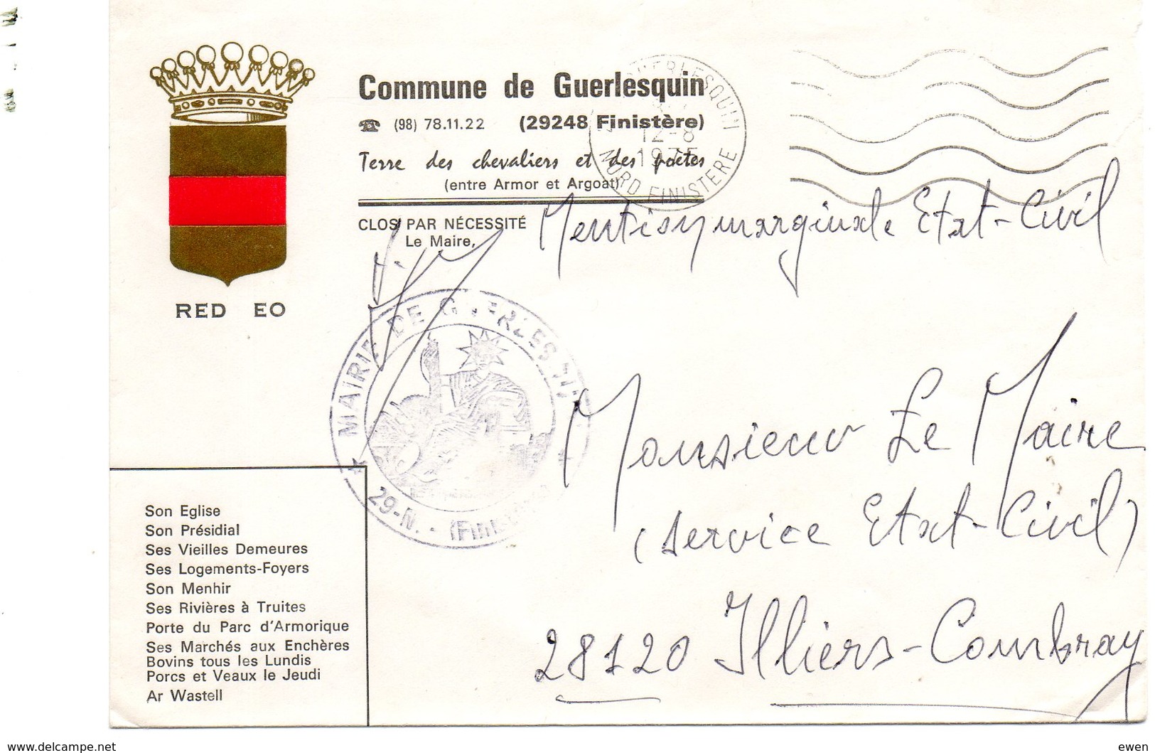 Enveloppe Illustrée Mairie De Guerlesquin, Finistère. 1975. - Collezioni
