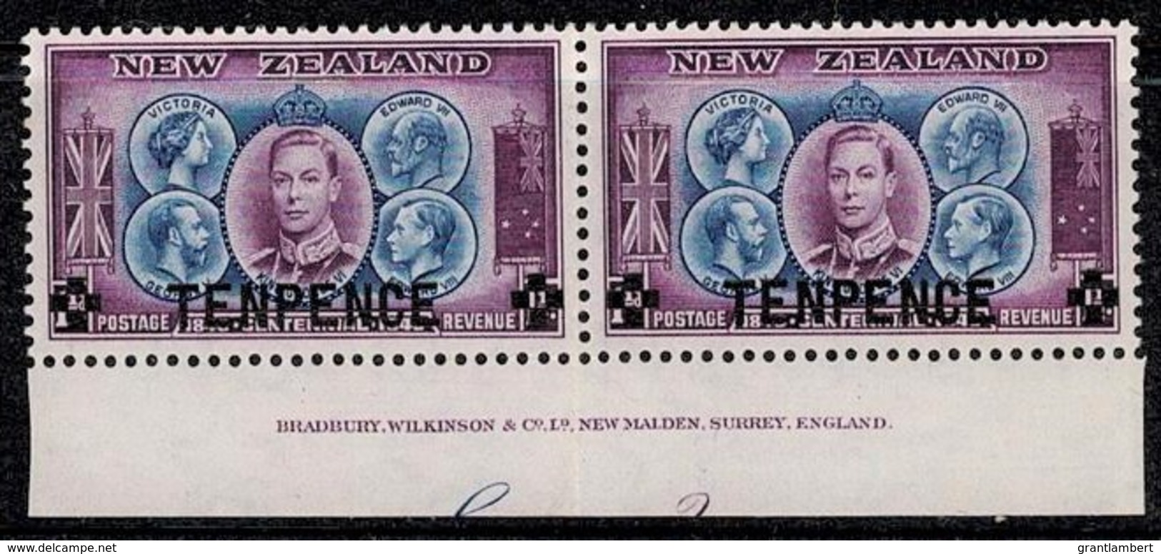 New Zealand 1944 Centennial TENPENCE Overprint On 1 1/2d MNH Imprint Pair - Neufs