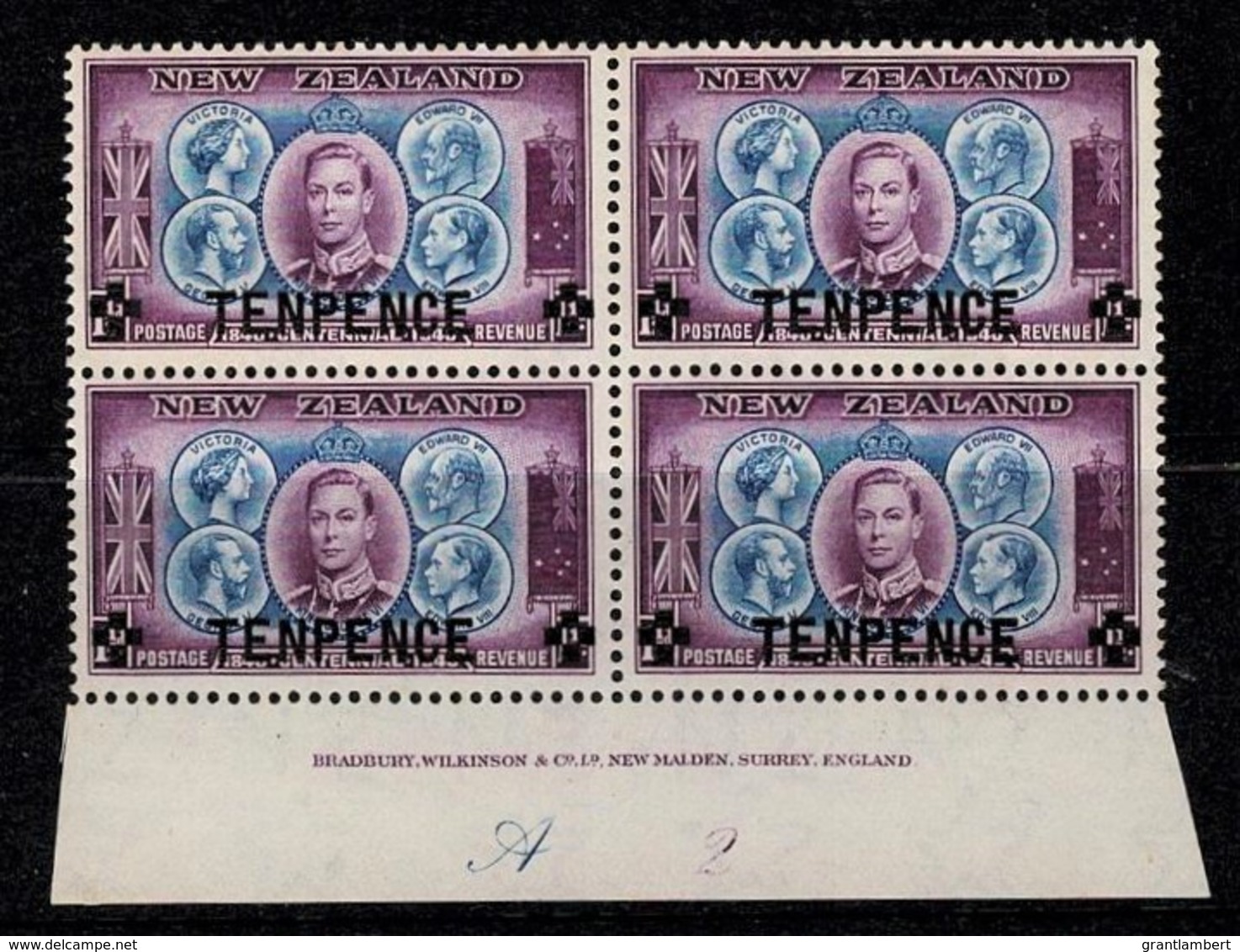 New Zealand 1944 Centennial TENPENCE Overprint On 1 1/2d MNH Imprint Block Of 4 MNH - Neufs