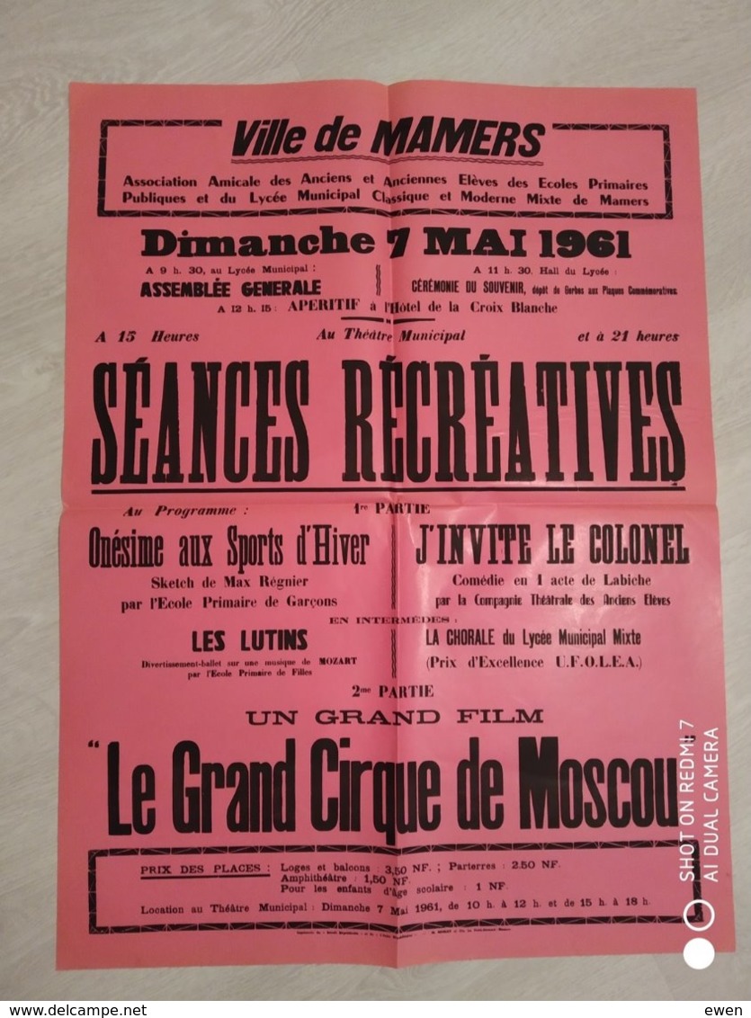 Mamers (Sarthe). Belle Affiche De Mai 1961. Séances Récréatives Du Lycée Municipal Mixte. - Afiches