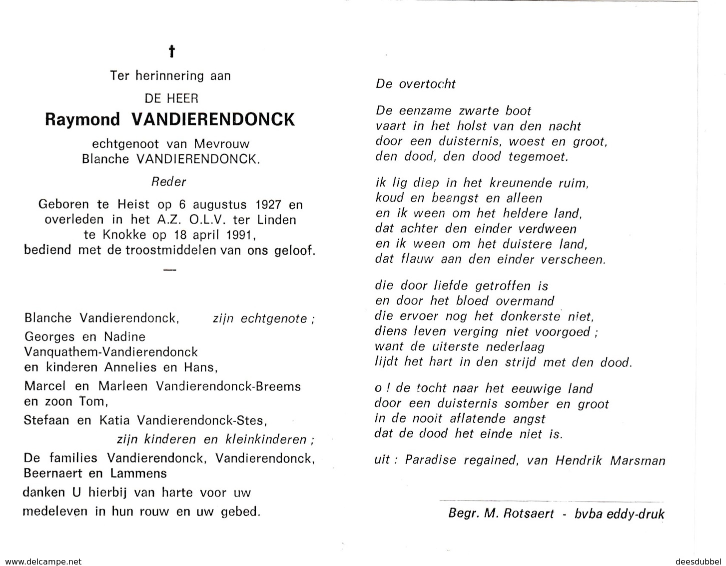 Reder R.VANDIERENDONCK °HEIST 1927 +KNOKKE 1991 (B.VANDIERENDONCK) - Devotion Images