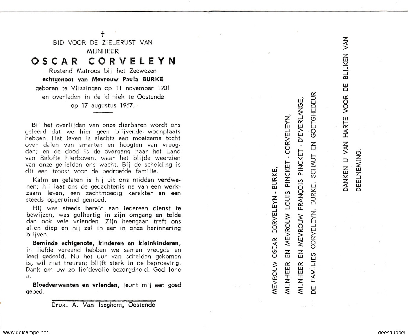 MATROOS ZEEWEZEN O.CORVELEYN °VLISSINGEN 1901 +OOSTENDE 1967 (P.BURKE) - Imágenes Religiosas