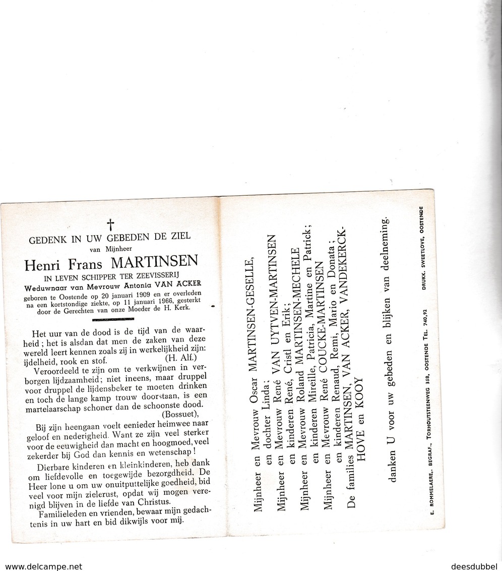 SCHIPPER - VISSER H.MARTINSEN °OOSTENDE 1909 + 1966 (A.VAN ACKER) - Images Religieuses