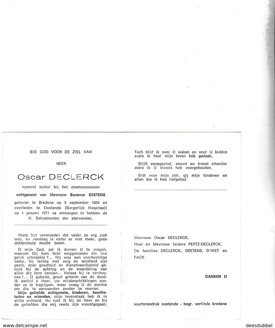 Stoker Bij Het Staatszeewezen  O.DECLERCK °BREDENE 1894 +OOSTENDE 1971 (S.DEETENS) - Imágenes Religiosas