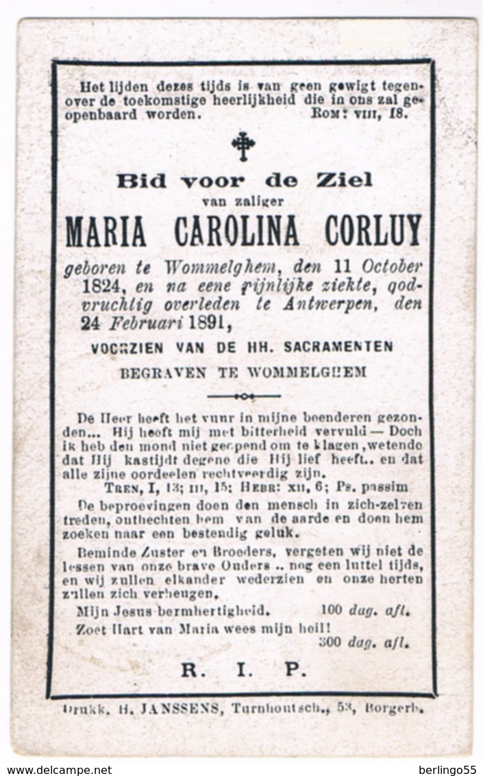 Dp. Corluy Maria ° Wommelghem 1824 &dagger; Antwerpen 1891 Begraven Te Wommelghem (2 Scan's) - Religion & Esotérisme