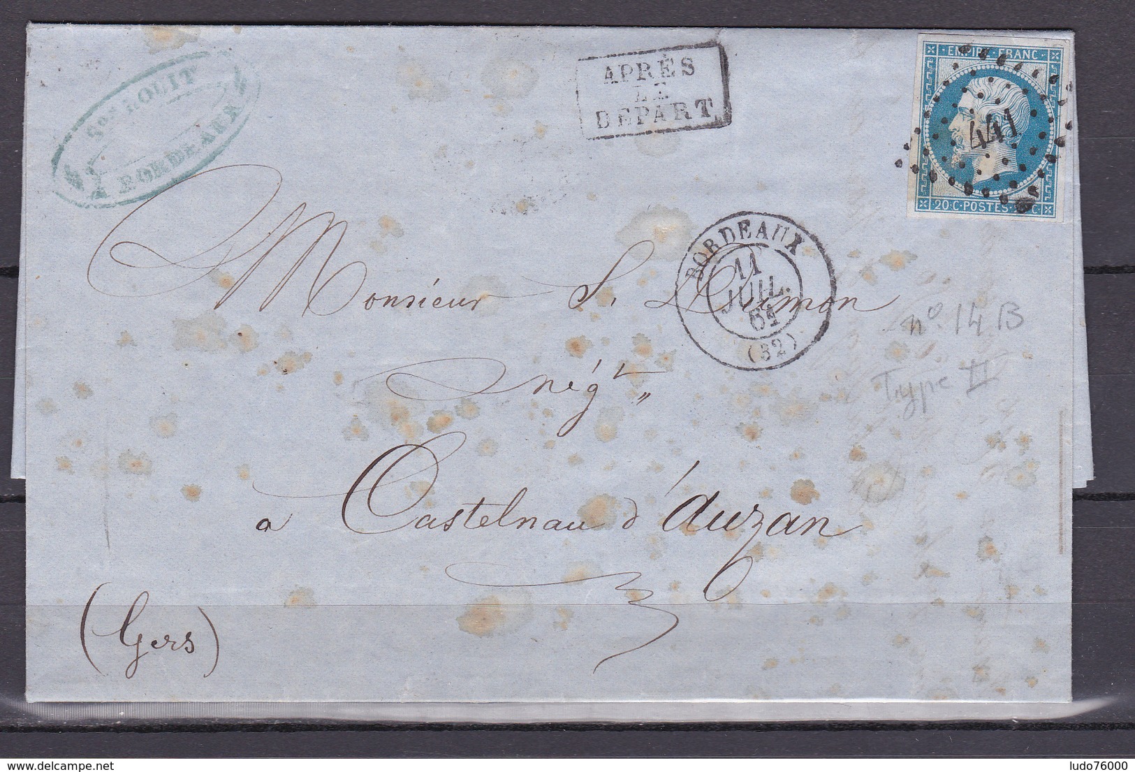 D111/ NAPOLEON N° 14 SUR LETTRE - 1853-1860 Napoleone III